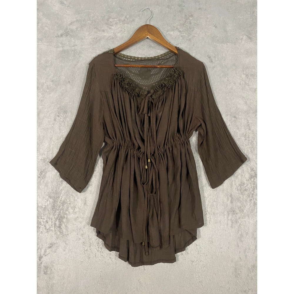 My Pretty Angel Tunic Sz XL Brown Crochet Lace Ruffle Linen Blend Ethereal Boho